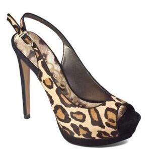 Sam Edelman Penelope Calf Hair Leather Nude Leopard Pump Peep Toe Heel 7.5 7 1/2